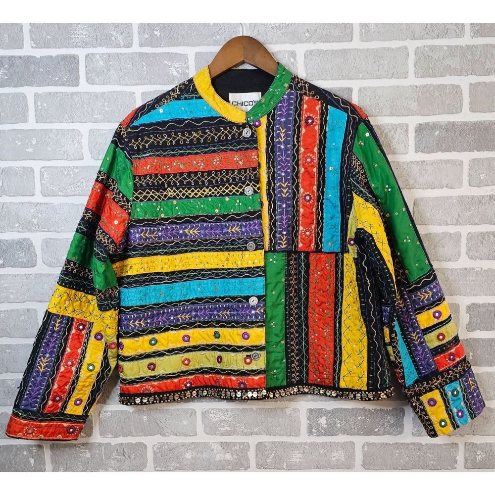Chico's Jacket Women's 2 Multicolor Embroidered Sequined Art-to-Wear Button‎